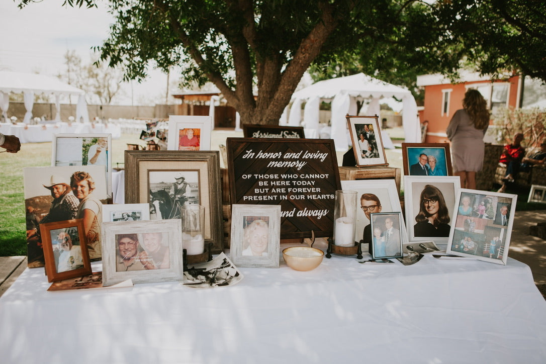 Custom remembrance sign for family members no longer with us, but forever within our hearts. Sign reads, "In honor and loving memory of those who cannot be here today but are forever present in our hearts, today and always."