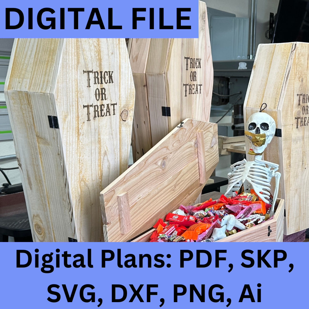 Bring your Halloween crafting to life with these DIY Wooden Candy Coffin Plans, perfect for creating your own spooky candy holder! This downloadable digital file includes step-by-step instructions in PDF format, along with coffin shape templates in both SVG and DXF formats, compatible with laser cutters, CNC machines, and traditional woodworking tools. You do not need a CNC or laser to build this project.