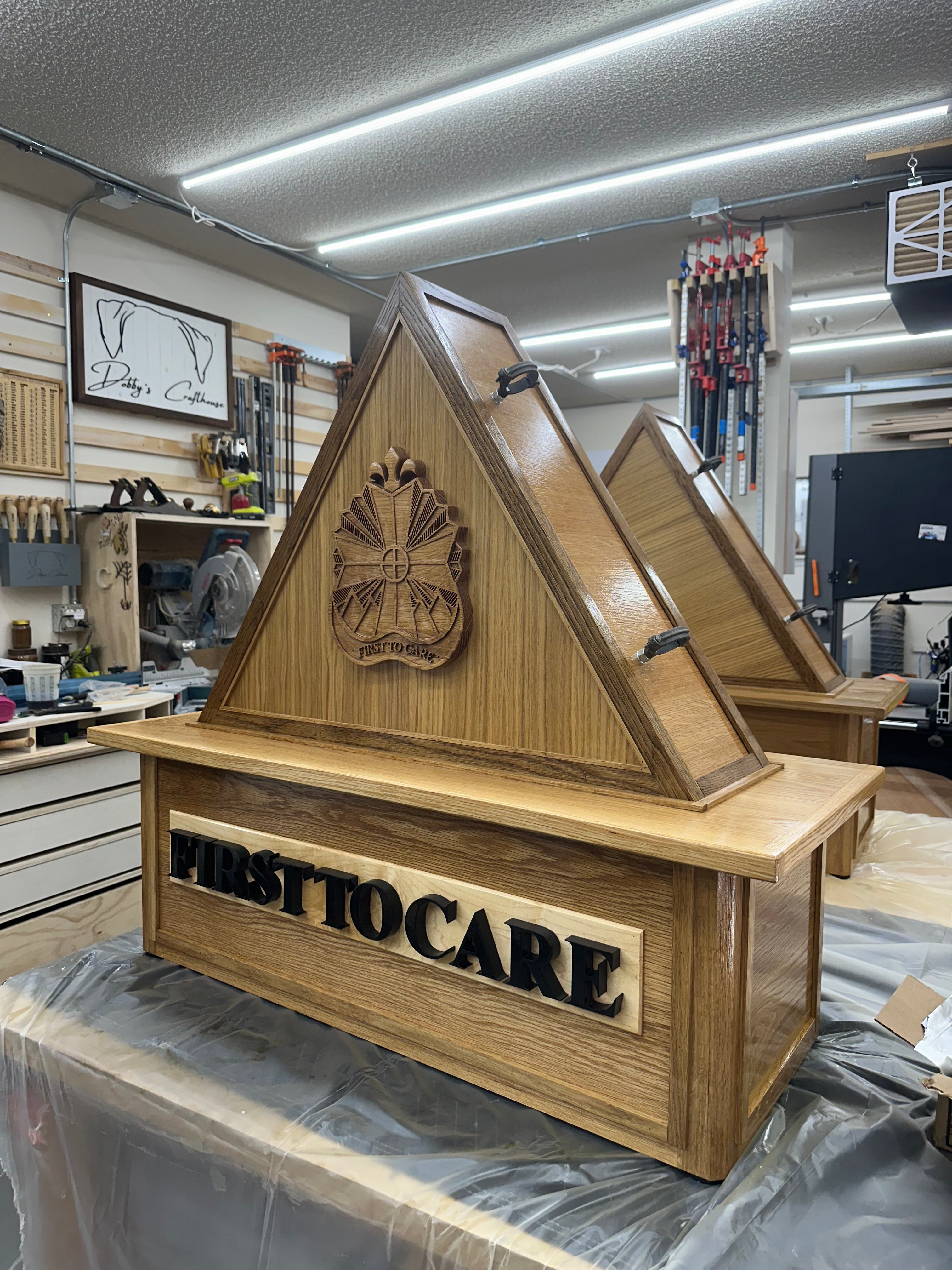 Custom Flag Holder for a US Army unit in Fort Bliss, Texas. This is a solid white oak piece with a custom 3D carve and 3D Lettering.