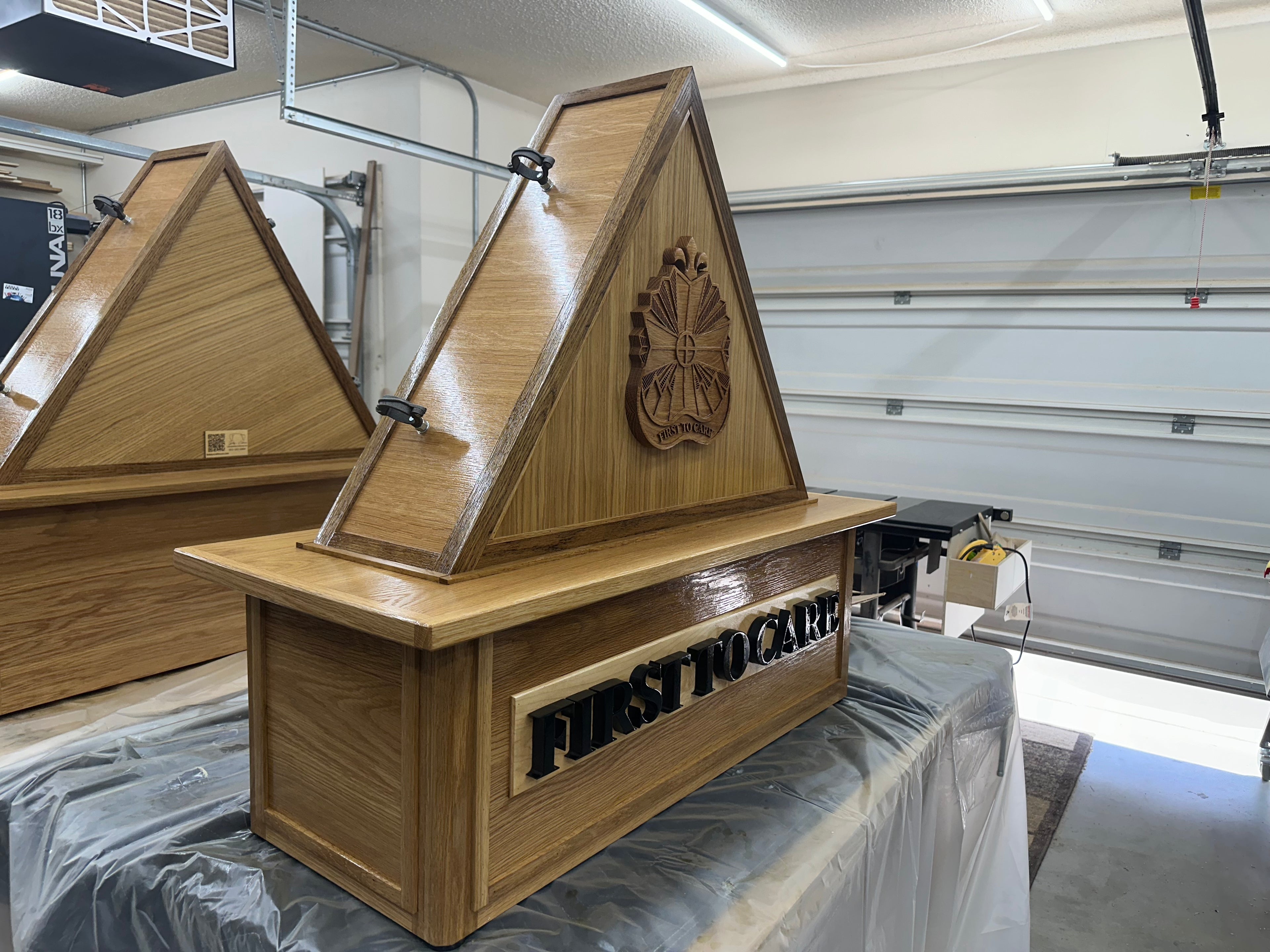 Custom Flag Holder for a US Army unit in Fort Bliss, Texas. This is a solid white oak piece with a custom 3D carve and 3D Lettering.