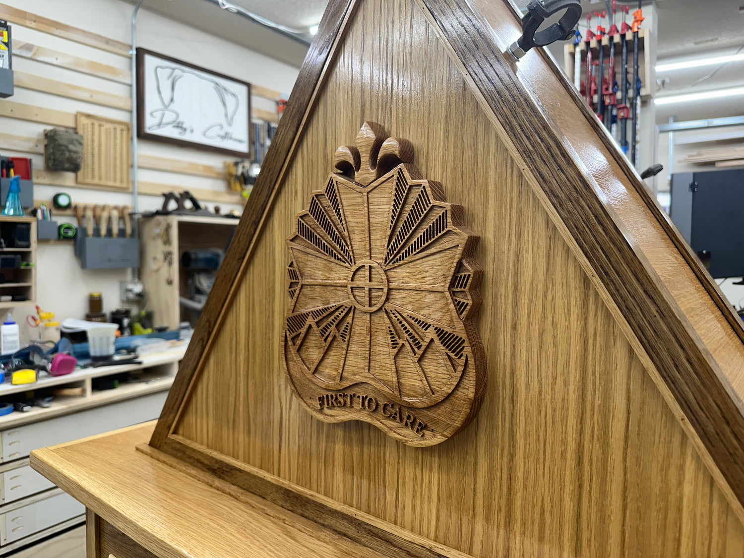 Custom 3D carve of the William Beaumont Army Medical Center (WBAMC) Crest from solid White Oak. This carve turned out amazing and is accurate to the 2D image provided by the customer. 