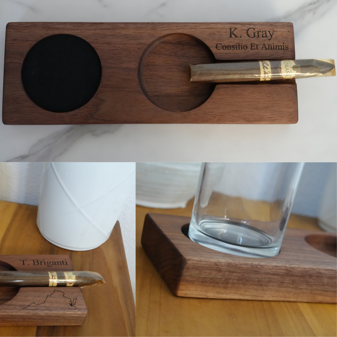 Handcrafted Cigar and Whiskey Tray | Perfect Gift for Men | Elegant Wooden Cigar Ashtray and Whiskey Glass Holder